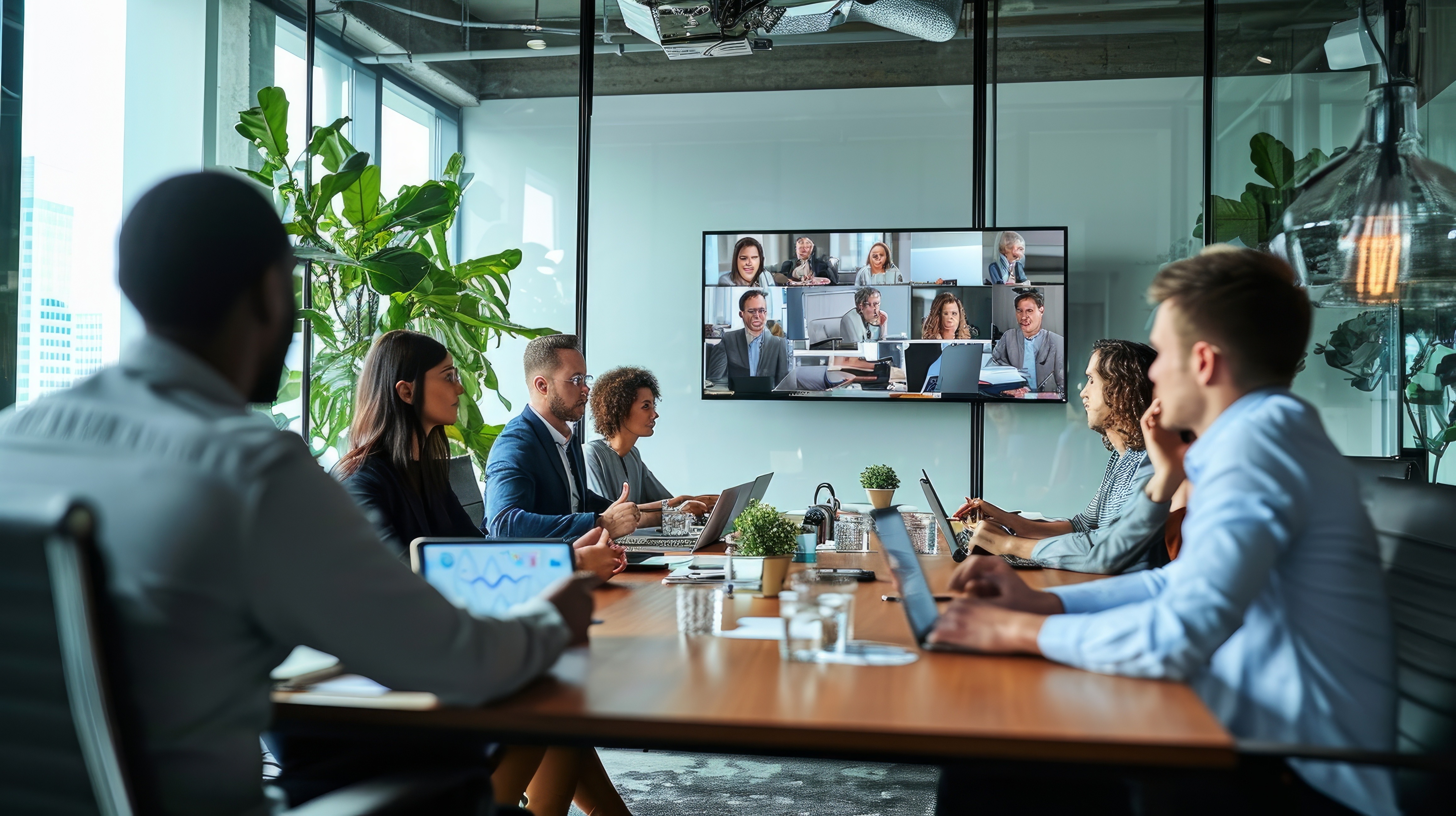 Diverse IntelliconnectQ employees having online business conference video call